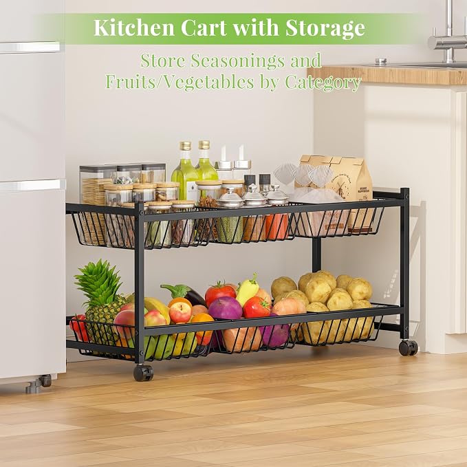 2-Tier Rolling Pantry Cart on Wheels with 6 Removable Baskets, Sturdy Pantry Floor Organizer and Storage, Kitchen Storage Cart for Fruit Vegetables, Snack Organizer for Pantry Kitchen Living Room