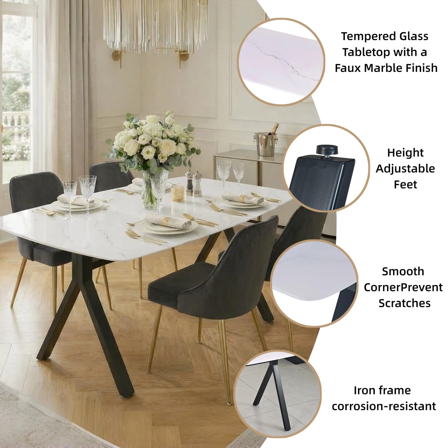 KEIKI 51.2" Rectangular Dining Table for 4-6, Tempered Glass Marble-Top with Gold Metal Legs, Modern Kitchen Dining Table, Space-Saving Rectangular Kitchen Table, White Black