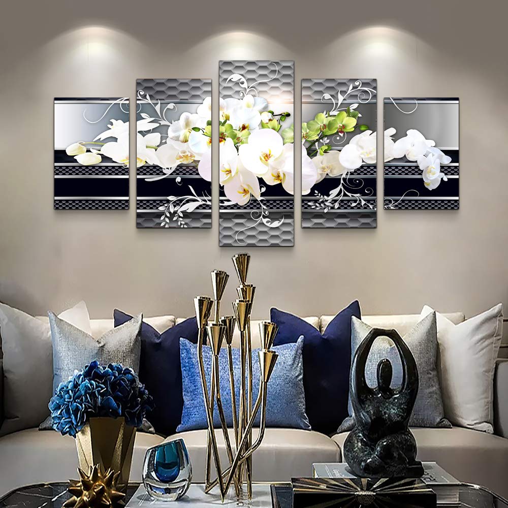 5 Piece Wall decor Canvas art for living room Picture Butterfly Orchid Flowers Contemporary Black White Abstract prints Modern Home bedroom Wall decorations inspirational wall art posters artwork