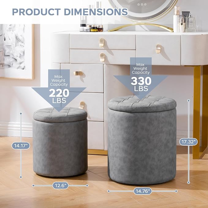 oakvivo 12.6" W x 14.17" H & 14.76" W x 17.32" H Storage Ottoman Foot Stool for Couch, Nesting Round Vanity Stools Padded Ottomen, Leather Set of 2 Footrest for Living Room,Grey