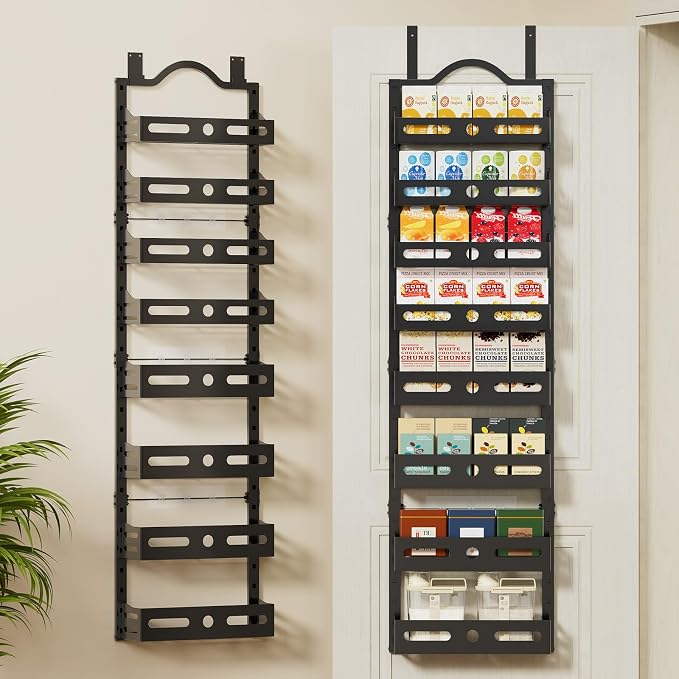 8-Tier Pantry Door Organizer, 2 IN 1 Wall Mount or Over The Door Pantry Organizer, Door Spice Rack with Adjustable Baskets, Over Door Organizer for Kitchen (12.4"W x 5.5"D x 66.1"H,1 Pack, Black)
