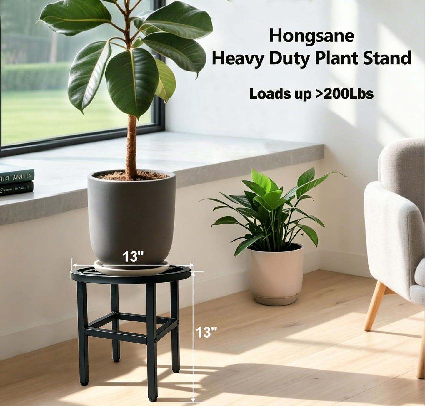 Hongsane Plant Stand Indoor Outdoor,13 Inch Tall Metal Plant Stands Riser,Heavy Duty Wrought Iron Pedestal Holders for Large Flower Pot,Outside Rust-Proof Black Flower Display Shelf for Patio,1-Pack