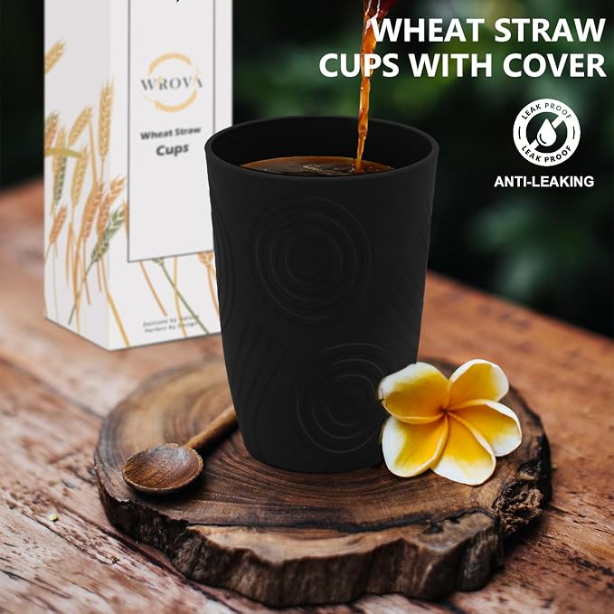 Wrova Wheat Straw Cups 16oz Set of 8 with Silicone Covers - Alternative Plastic Cups Reusable Dishwasher Safe - Unbreakable Plastic Drinking Cups for Kids - Black to Gray