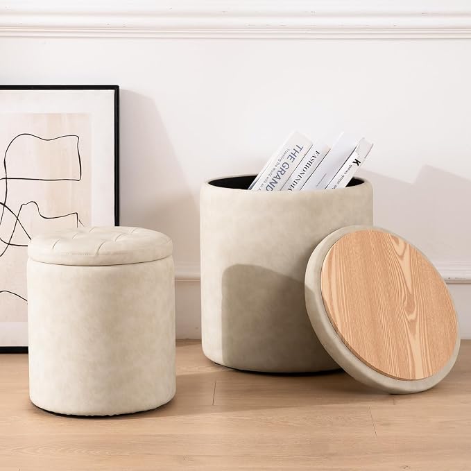 oakvivo Faux Leather Round Ottoman with Storage 12.6" W x 14.17" H & 14.76" W x 17.32" H Set of 2, Small Boucle Coffee Table Footstool with Removable Lid for Living Room, Bedroom, Beige