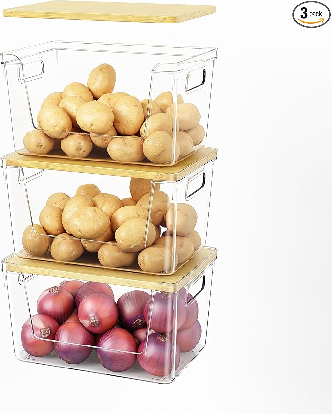 3 Set Pantry Organizer and Stackable Storage Kitchen,Sturdy and Durable Storage Basket for Potato, Onion, Garlic, Fruit, Vegetable, Produce, Clear Plastic Storage with Lid&Handle