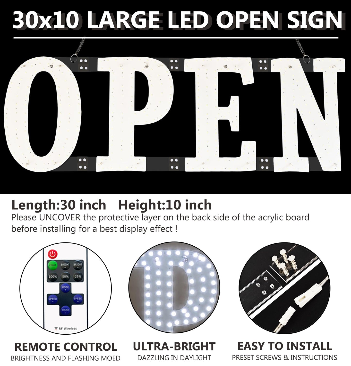Open Signs for Business,30x10 inch Ultra Bright Open Sign Led for Window Wall Door w/Remote Control Bar Cafe Salon Barber Resturant Retail Store