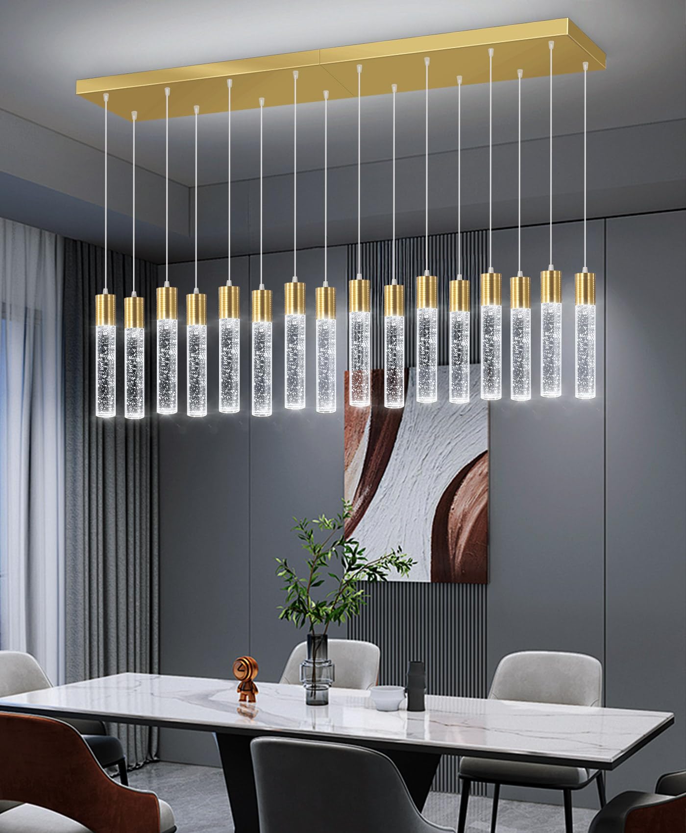 dolria 16-Lights Modern Crystal Rectangular Chandeliers LED Pendant Light for Kitchen Island High Ceiling Chandelier for Dining Room Entrance Foyer Living Room Gold