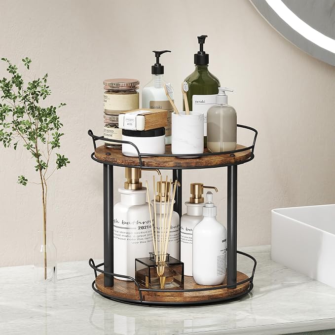 LAMU 9'' Wood Lazy Susan Turntable Organizer for Cabinet, 2 Tier Lazy Susan Spice Rack Organizer for Kitchen, Table Top, Countertop, Pantry, Medicine Organizer