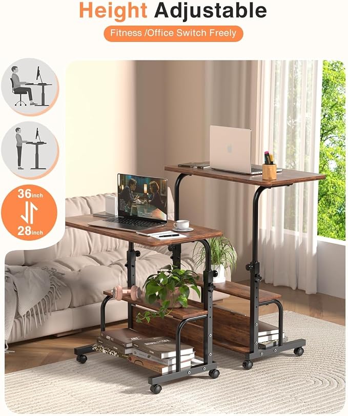 QZMDSM Portable Rolling Desk on Wheels Adjustable Height Desks for Small Spaces, 32" Computer Desk Drafting Tables with Storage Shelves for Home Office Rustic