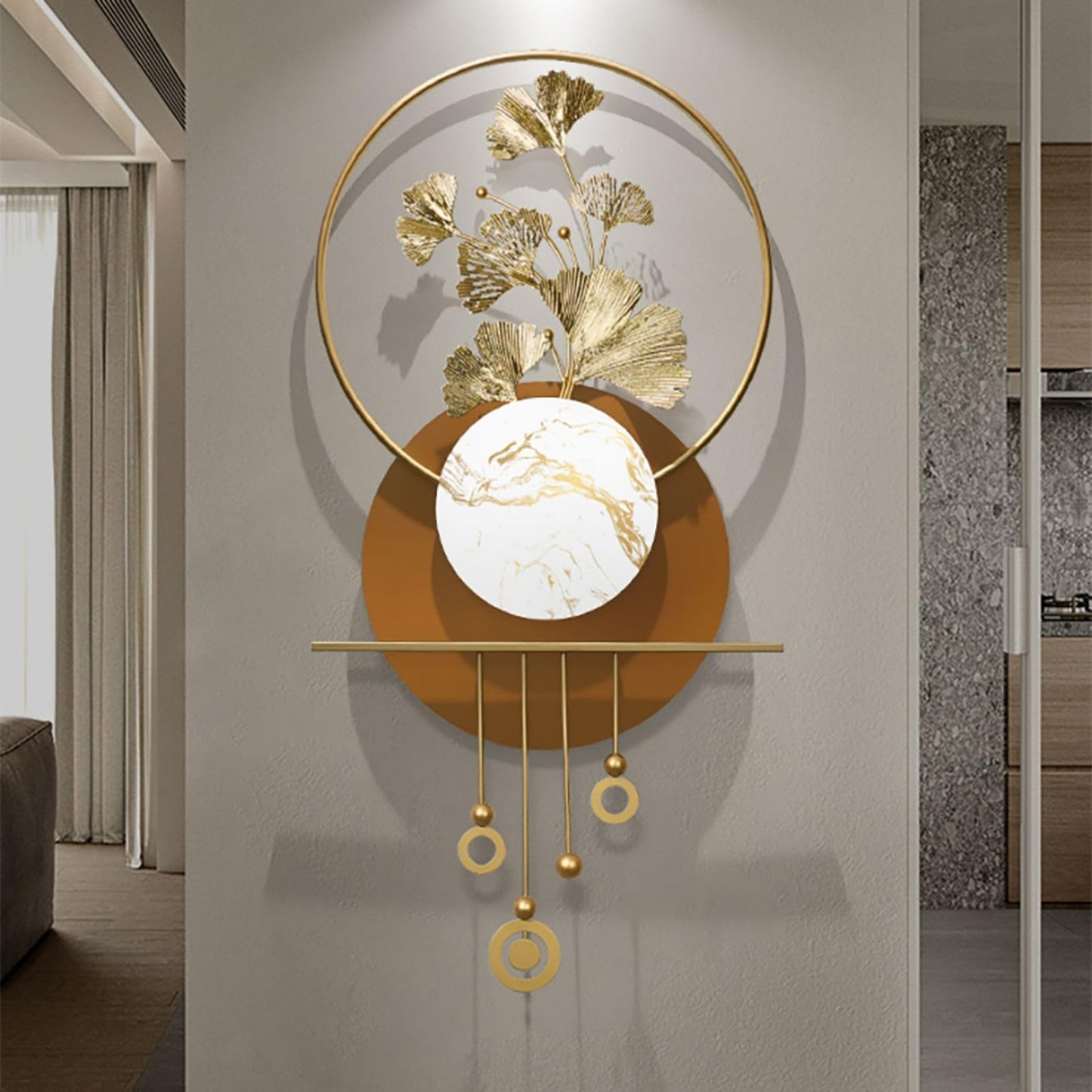 BULUXE Metal Wall Decor – 46.5" Modern 3D Ginkgo Leaf Wall Art with Gold Finish & Marble Accent, Geometric Metal Wall Sculpture