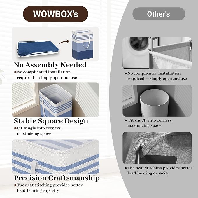 WOWBOX 2 Pack Laundry Baskets, Laundry Hampers, Freestanding Dirty Clothes Hampers with Reinforced Handles & Cross Stitch & Waterproof Coating, for Laundry Bedroom Bathroom Dorm,75L Blue