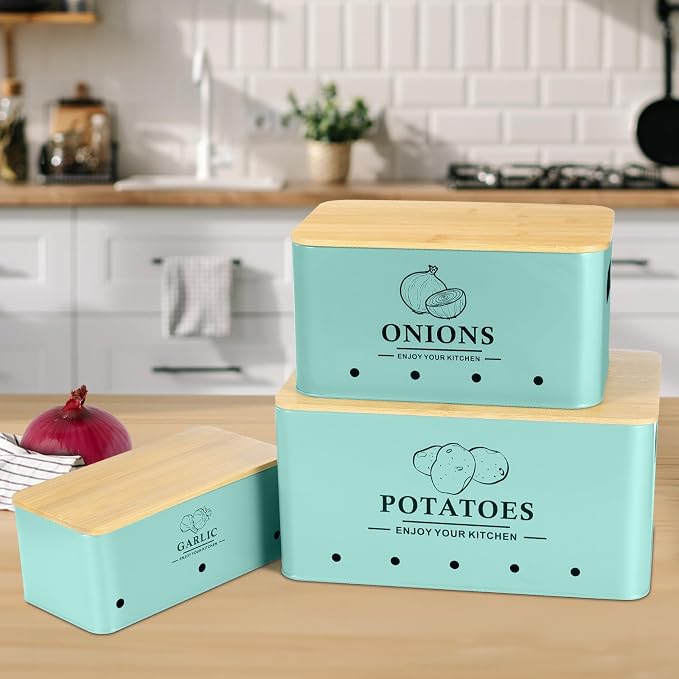 Kitchen Vegetable Storage Set of 3, Metal Onion Garlic Potato Storage Set, Kitchen Canisters Vegetable Keeper Containers with Aerating Holes and Bamboo Lid，Blue