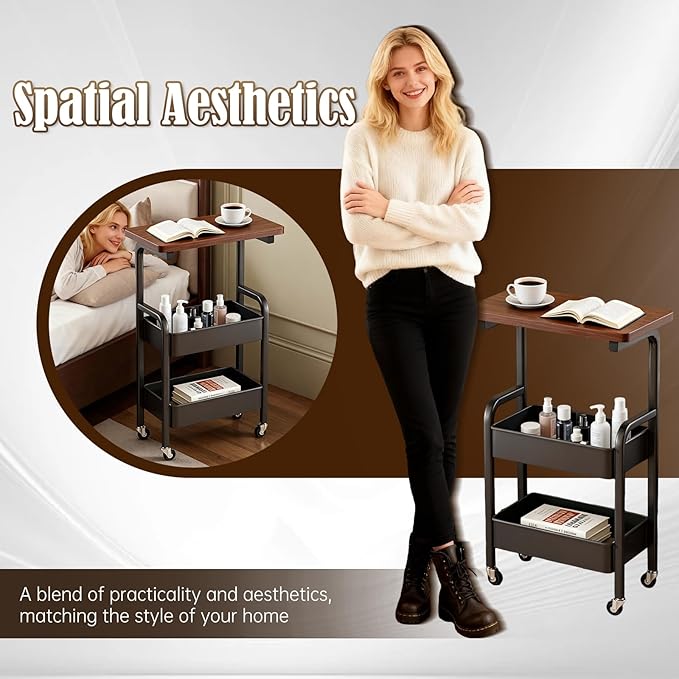 3 Tier Metal Rolling Utility Cart Organizer with Walnut Table Top, Stable and Sturdy Rolling Storage Carts with 2 Lockable Wheels for Kitchen，Bathroom，Snacks，Coffee，Craft，Makeup，Baby Essentials