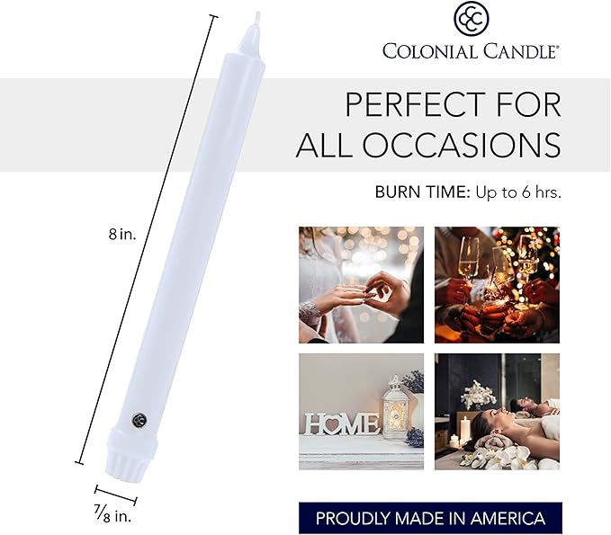 Colonial Candle Unscented Taper Candle, Classic Collection, White, 8 In, Pack of 12 - Up to 6 Hours Burn