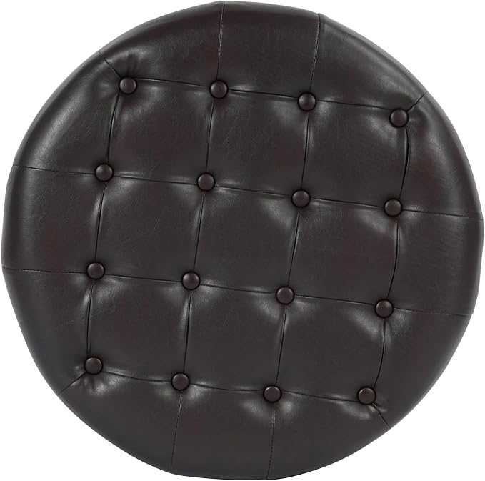 Homepop Home Decor | Button Tufted Faux Leather Round Storage Ottoman | Ottoman with Storage for Living Room & Bedroom (Distressed Brown)