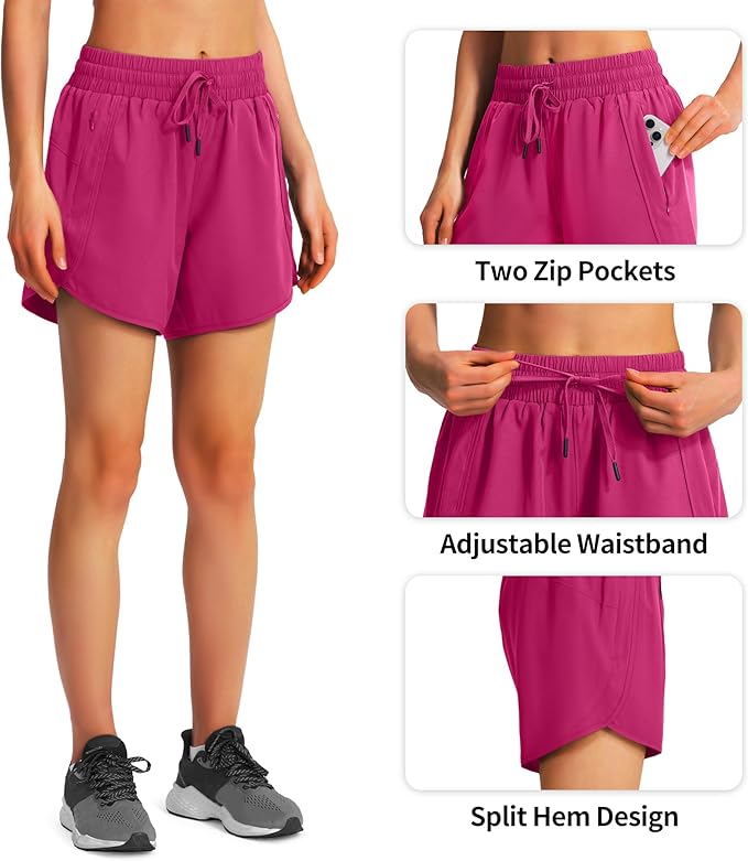 Ksmien Women's 5" Athletic Running Shorts Quick Dry Lightweight Workout Gym Shorts with Zipper Pockets UPF 50+