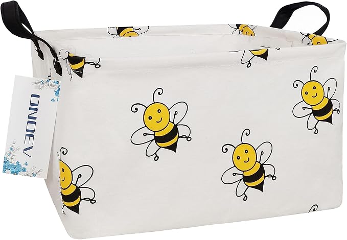 Rectangular Bee Pattern Storage Bin, Decorative Canvas Laundry Basket with Dual Handles, Foldable Toy & Household Organizer, Multipurpose Party Gift Basket for Home Bedroom Dorm(Bee)