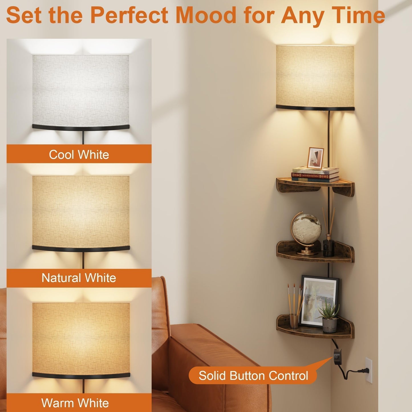 YAOHUOO Corner Shelf Wall Mounted with Light, Set of 3 Corner Floating Shelves with Cord Hole for Cable Box, Round End Wall Mounted Floating Shelf for Bedroom, Living Room and Kitchen, Rustic Brown