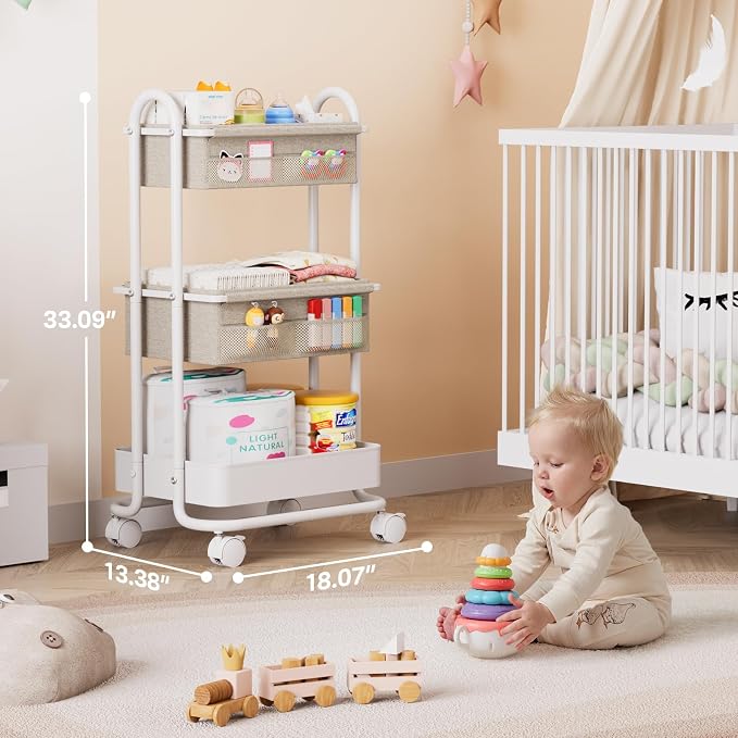 Modanais Baby Diaper Caddy Organizer Cart - 3 Tier Rolling Storage Cart with Wheels, Baby Essentials Nursery Storage, Detachable Dividers - for Crib, Bedroom, Art & Craft Organizer (Off White)