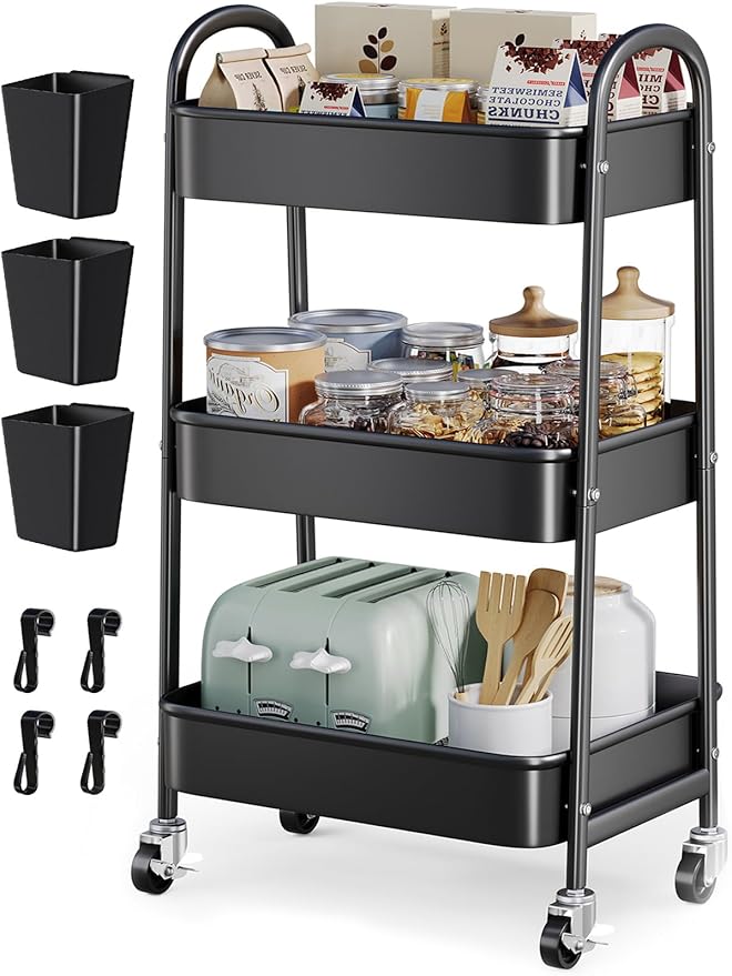 3 Tier Rolling Cart Metal with Wheels, Heavy Duty Three Tiered Rolling Storage Cart on Wheels, Black Utility Roller Carts Organizer for Baby, Art, Craft, Snack,Book, Nail, Diaper Caddy, Cleaning, Dorm