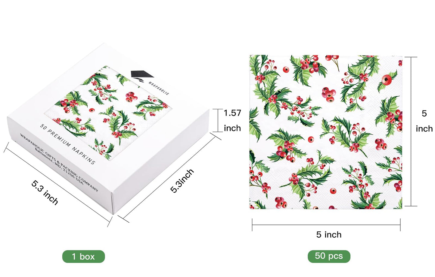 WRAPAHOLIC 50Pcs Christmas Paper Napkins - 3 Ply Xmas Holly Mistletoe Disposable Cocktail Napkin for Christmas Party Supplies Tableware - 5 x 5 In