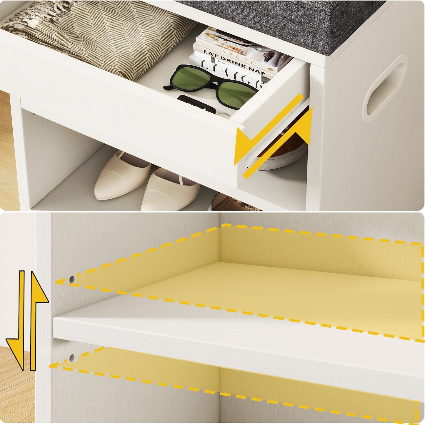 YMYNY Small Shoe Storage Bench with Cushion and Drawer, 2 Tier Adjustable Entryway Bench with Storage, Wooden Shoe Rack Bench for Entryway, Living Room, Hallway, Closet, Bedroom, White, HSC002W
