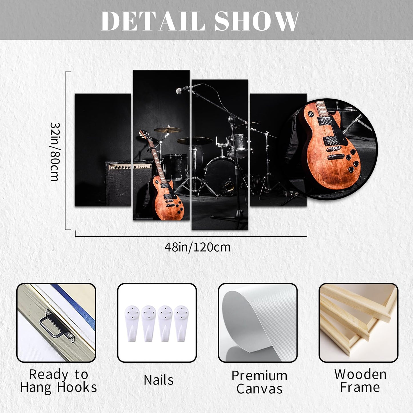 Canvbay 4 Piece Music Wall Art Rock Band Guitar Shelf Drum Set Picture Prints on Canvas Musical Instrument in Black Background Modern Artwork Decor for Living Room Bedroom Man Cave Home Studio
