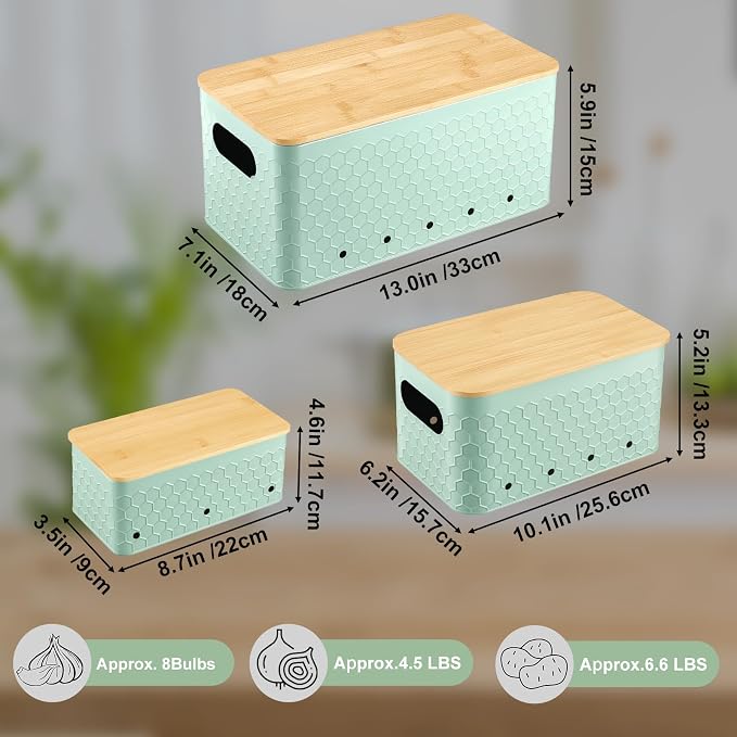 Kitchen Vegetable Storage Set of 3, Metal Onion Garlic Potato Storage Set, Kitchen Canisters Vegetable Keeper Containers with Aerating Holes and Bamboo Lid,Embossed Saga Green