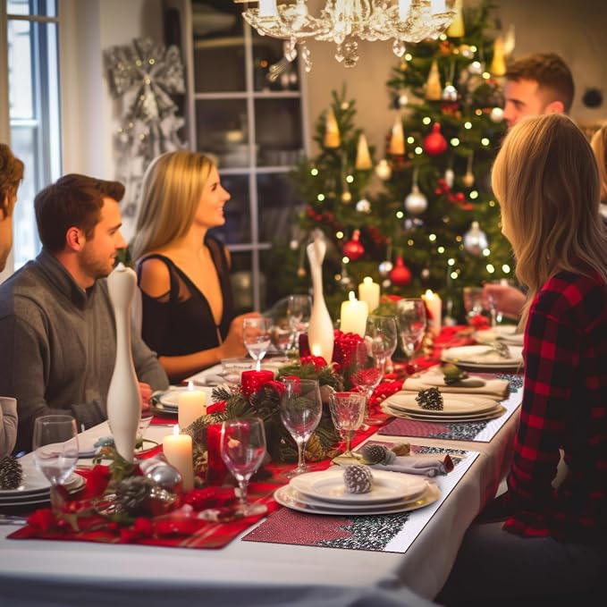 Aofmee Christmas Placemats Set of 6, Washable Christmas Place Mats for Party Kitchen Dining Decoration, Indoor/Outdoor Woven Vinyl Table Mats, Non-Slip Heat Resistant Holiday Placemats, Easy to Clean