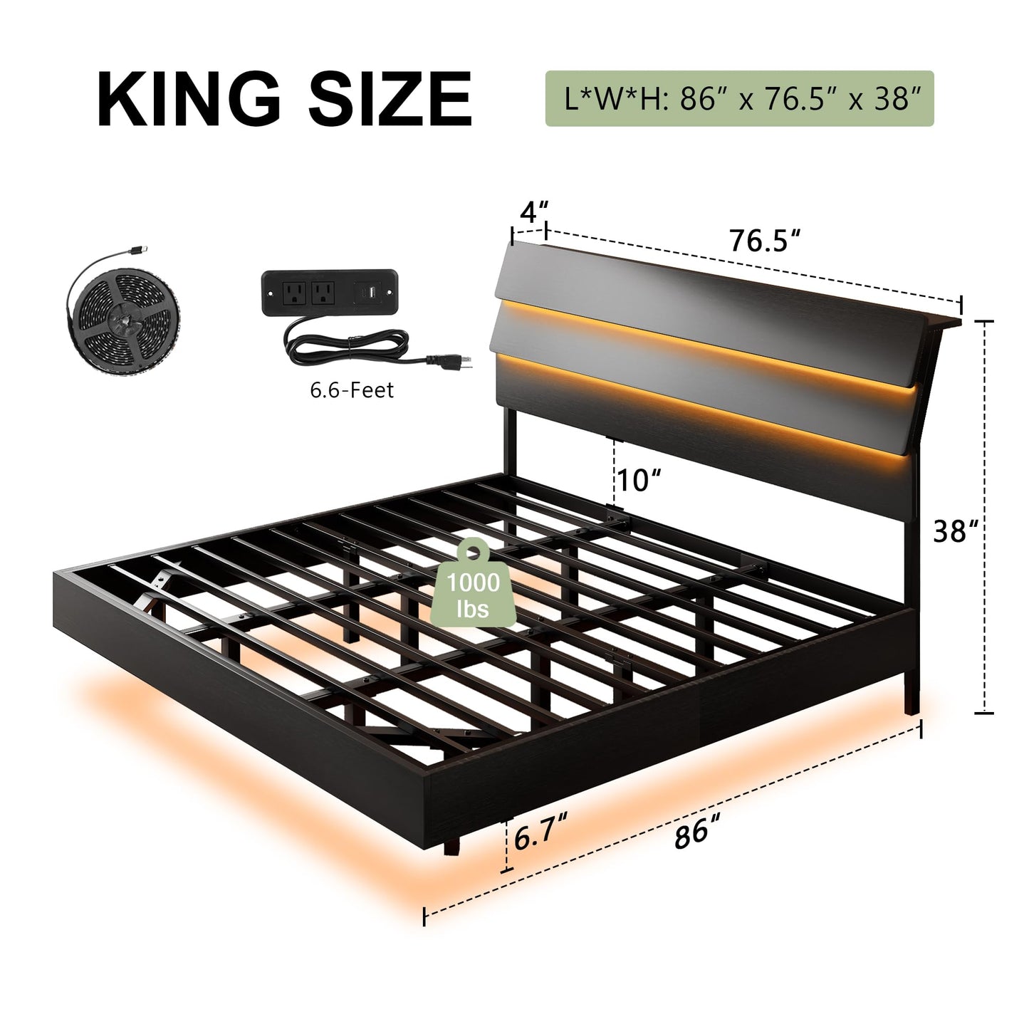 Feonase Floating Bed Frame King with Led Lights and Charging Station, Wood Full Size Bed Frame with Storage Headboard, Heavy Duty Metal Slats, No Box Spring Needed, Easy Assembly,Dark Black