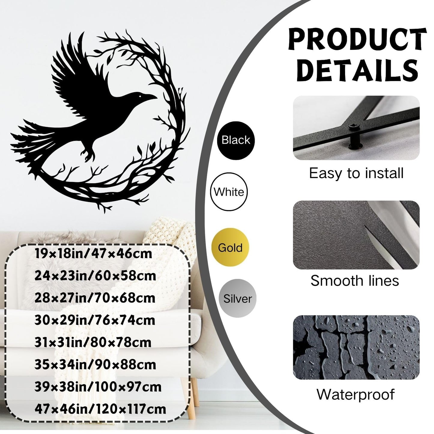 ENJOYOO Crow Wall Decor, Metal Crow Silhouette, Birds on A Branch Wall Decor, Bird Wall Art, Metal Bird Silhouette Tree Art for Living room, Outdoor (Black, 19×18in/47×46cm, metal wall art)