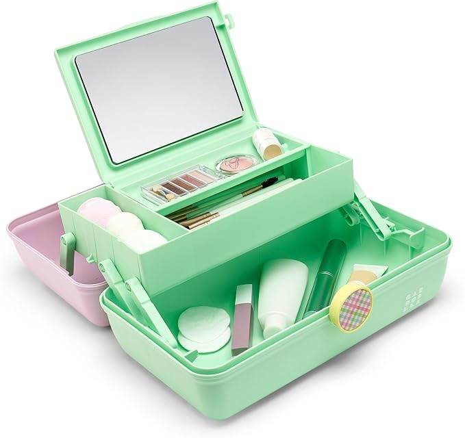Caboodles On-The-Go Girl Makeup Box, Two-Tone Lavender and Light Green, Hard Plastic Makeup Organizer Box, Built-In Mirror, Secure Latch for Safe Travel, Spacious Storage for Large Items
