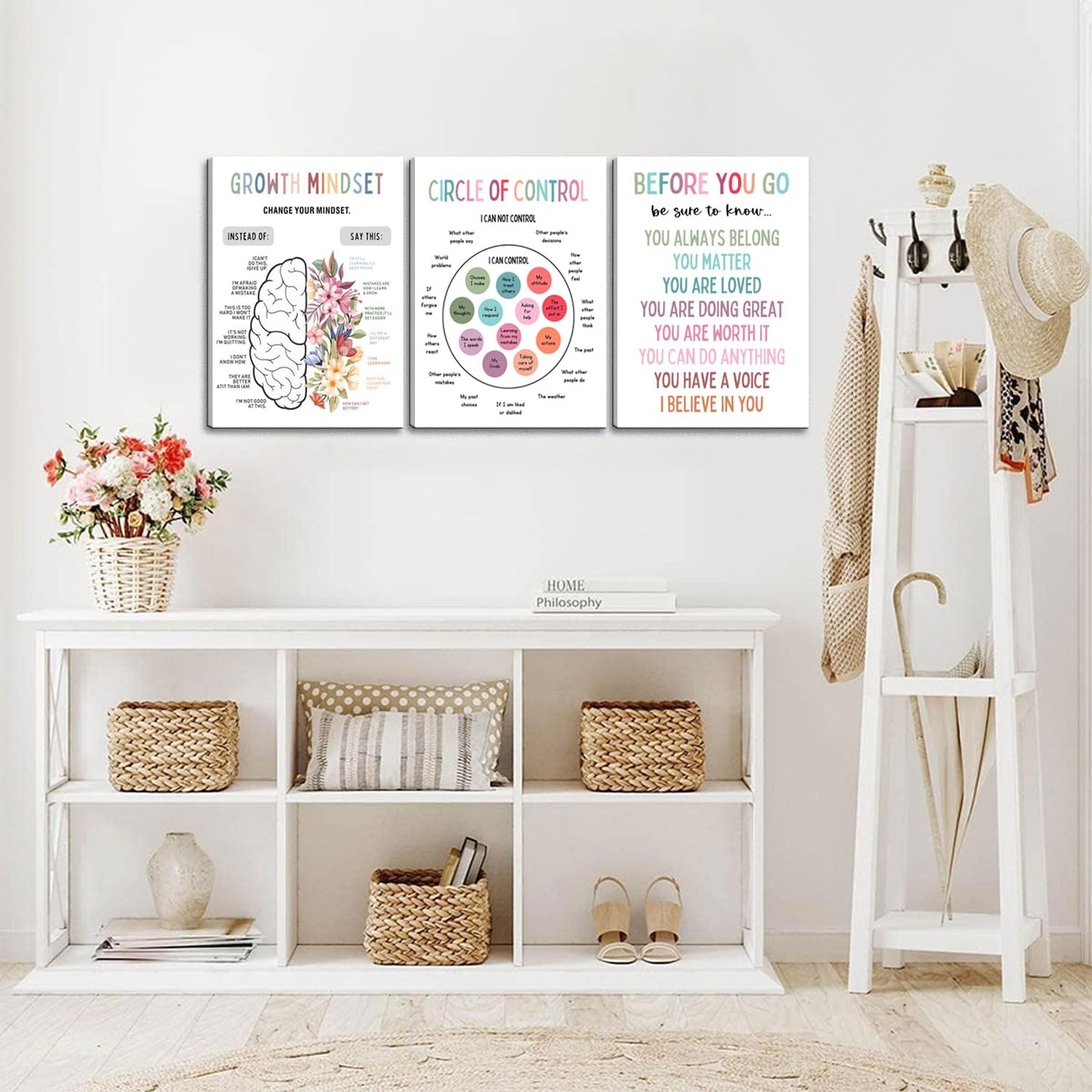 3Pcs Mental Health Wall Art Motivational Wall Decor For Therapy Office,Change Your Mindset Change Your Life Canvas Print Painting Picture for Classroom,Home,Growth Mindset Gift 12x16in Framed