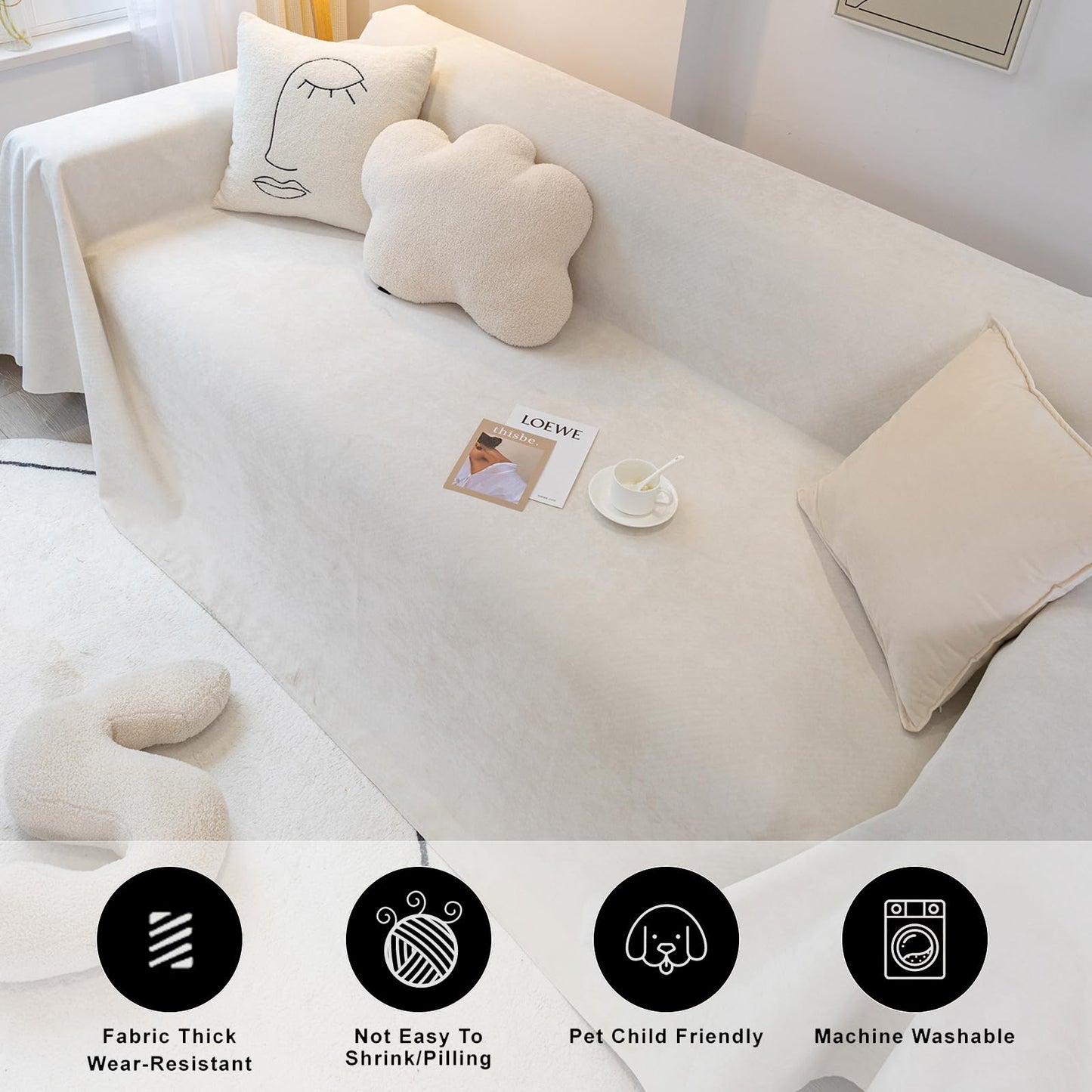 STACYPIK White Waterproof Couch Cover Scratch Resistant Sofa Cover for 3 Cushion Couch Thickened Non Slip Sofa Throw for Sectional Water Resistant Sofa Slipcover for Cats Dogs Furniture Cover-71X118IN