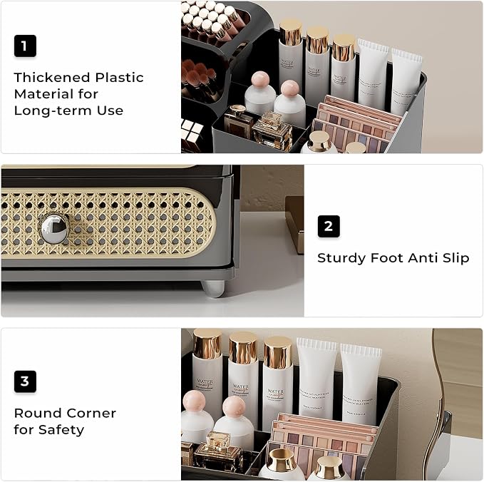 UFORU Makeup Organizer for Vanity with Brush Holder, Large Capacity Bathroom Countertop Skincare Organizer with 2 Drawers, Cosmetic Display Case for Perfumes, Eyeshadow Palettes, Nail Polishes