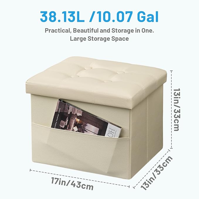 Bsketa Storage Ottoman Foot Rest Stool, Small Leather Storage Ottomans Bench, Folding Footstool with Side Pockets, Foot Rest Under Desk for Living Room Bedroom, 17x13x13 in, Beige