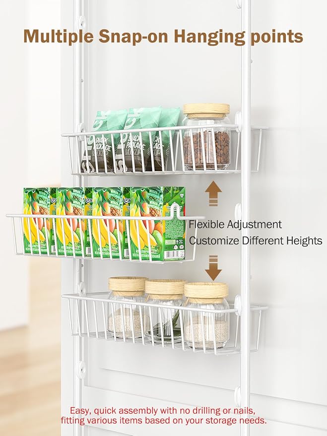 Delamu Over The Door Pantry Organizer, 8-Tier Pantry Door Organizers and Storage with Adjustable Basket, Metal Hanging Spice Rack, Seasoning Organizer, Door Organizer for Home Kitchen Bathroom, White