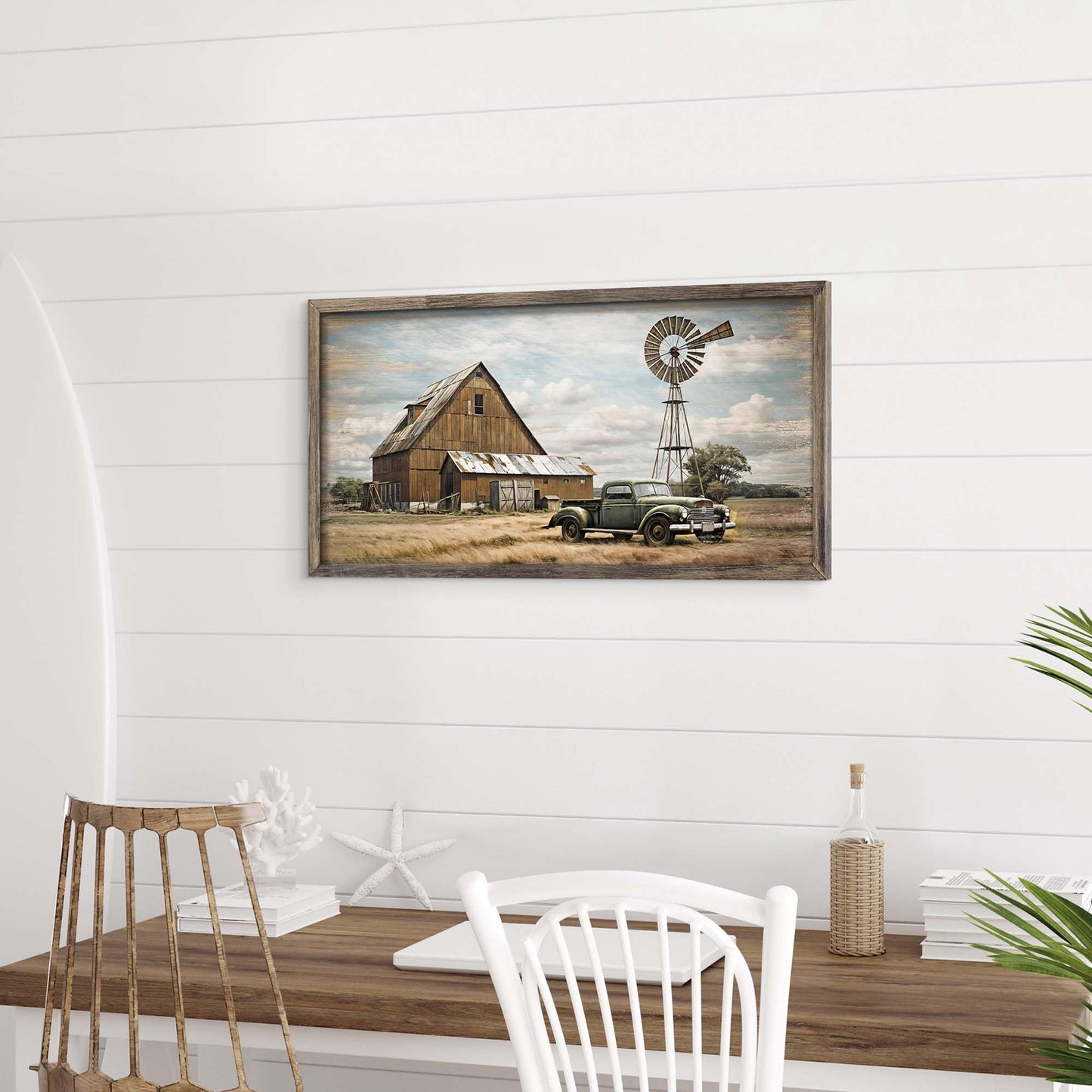 Farmhouse Barn Wood Wall Art: Framed Rustic Farm House Windmill Retro Truck Countryside Old Car Landscape Prints Picture Decor for Bedroom Bathroom Home Office 24" x 12"