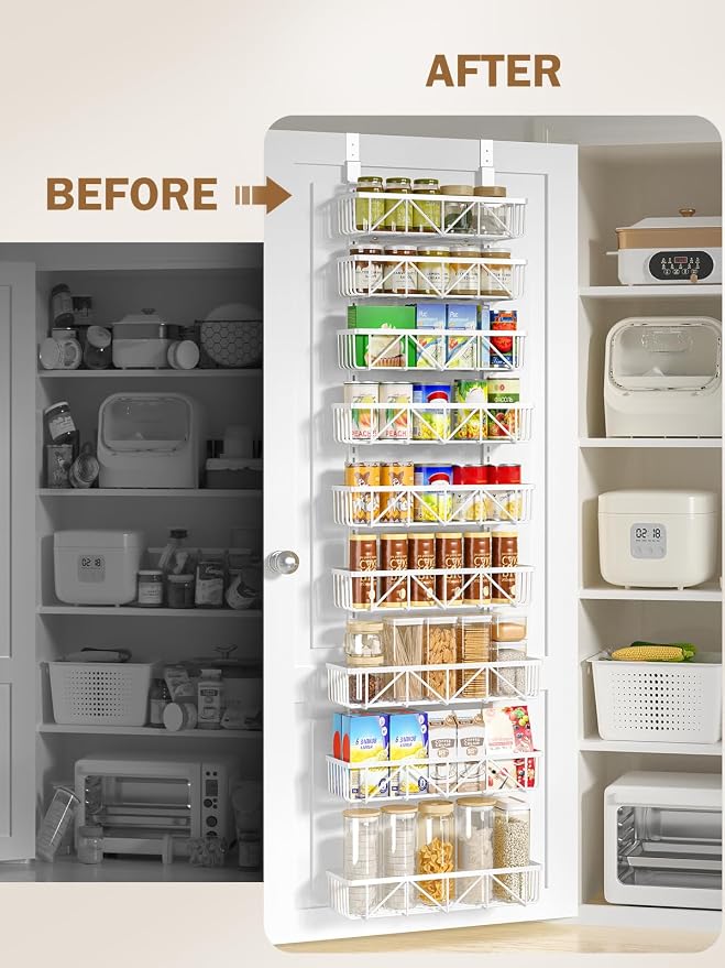 Delamu Adjustable Over the Door Pantry Organizer, 9-Tier Metal Pantry Organization and Storage for Kitchen, Hanging Spice Rack Seasoning Shelves, Cabinet Door Organizer for Easy Install, 16" White