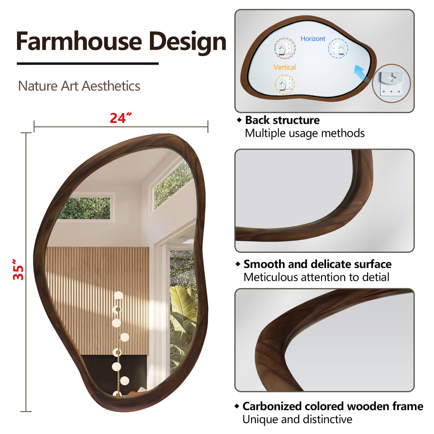 TheiaMo 35"x24" Wood Bathroom Mirror Wall Mounted, Dark Walnut Irregular Wall Mirror, Rustic Farmhouse Vanity Mirror for Bedroom Living Room Bathroom Entryway, Horizontal/Vertical