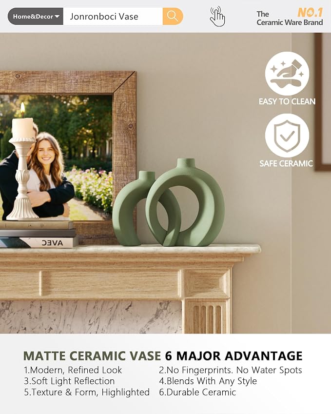 Set of 2 Sage Green Ceramic Vases for Home Decor Accents - Unique Hollow Donut Artistic Design Modern Boho Farmhouse Style Decorative Vases for Shelf, Mantel, Entryway Table Decor (Matte Green)