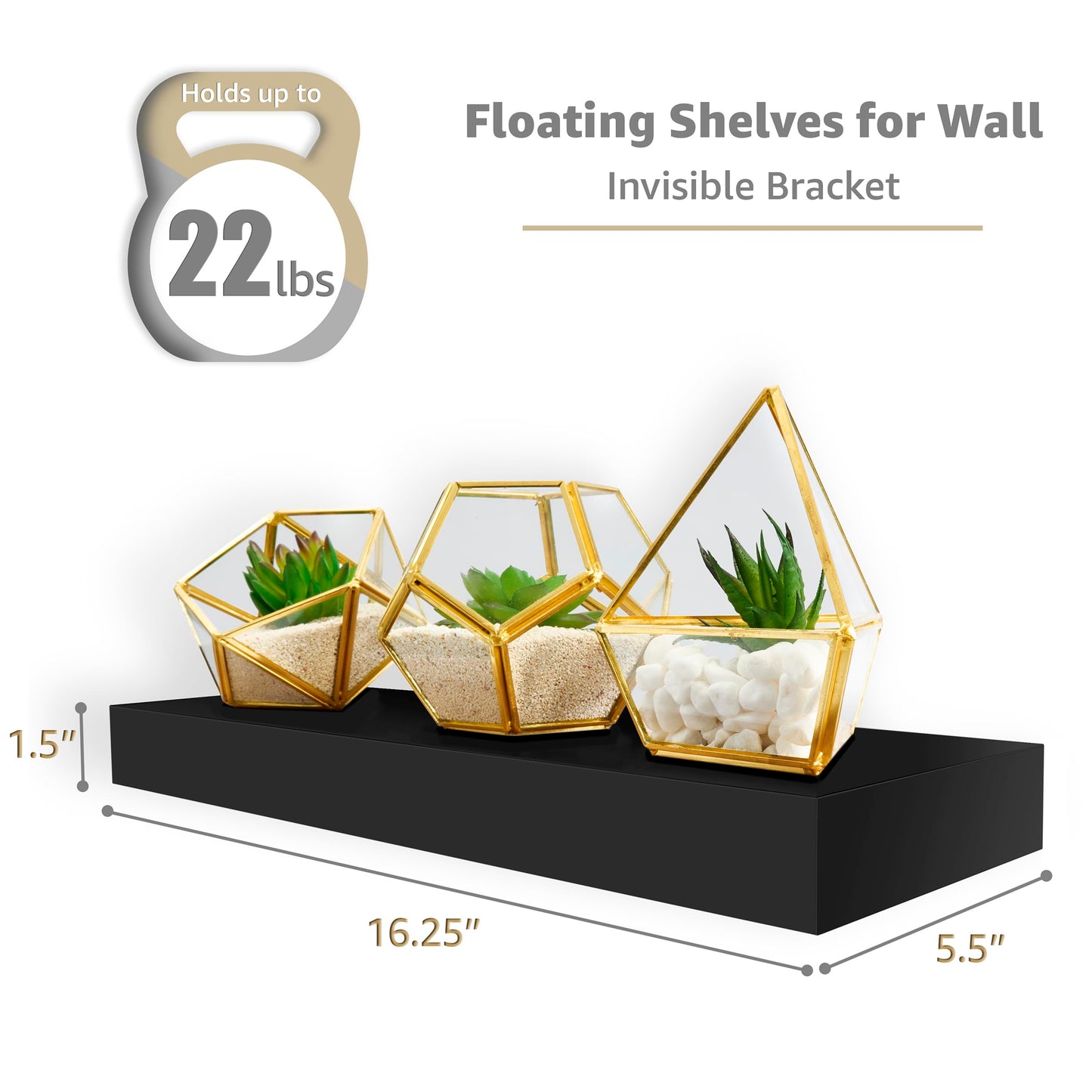 Sorbus Floating Shelves for Wall – 16 Inch Floating Shelf for Kitchen, Bedroom, Living Room, Bathroom, Home & Wall Decor - Mounted Bathroom Shelves with Invisible Brackets (Black, 4 Pack)