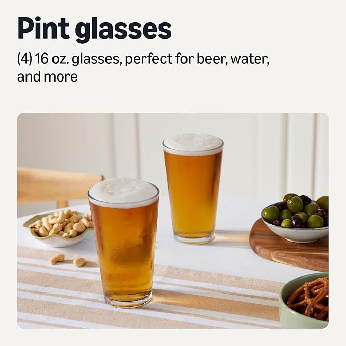 Amazon Basics Pint Glasses, 16 oz., Dishwasher-Safe, 4-Piece Set