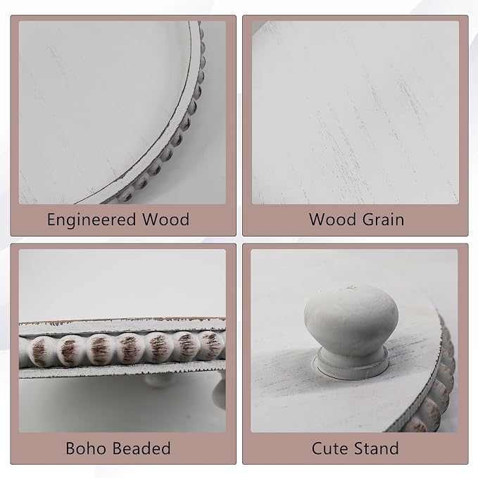 FramePro Decorative Tray 12in Round Wood Beaded - Rustic White Serving Tray Risers for Living Room, Coffee Table, Kitchen or Farmhouse Display