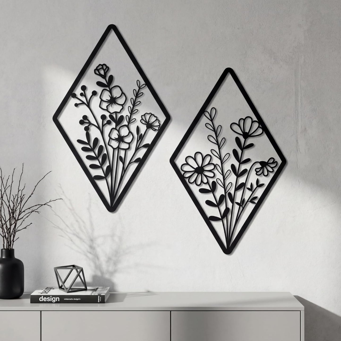 PullCrease 2 Pcs Metal Wall Art, Metal Flower Wall Decor, Modern Floral Art for Living Room, Bedroom, Bathroom, Rustic Farmhouse Decor, Sculpture Kitchen Decoration (Black)
