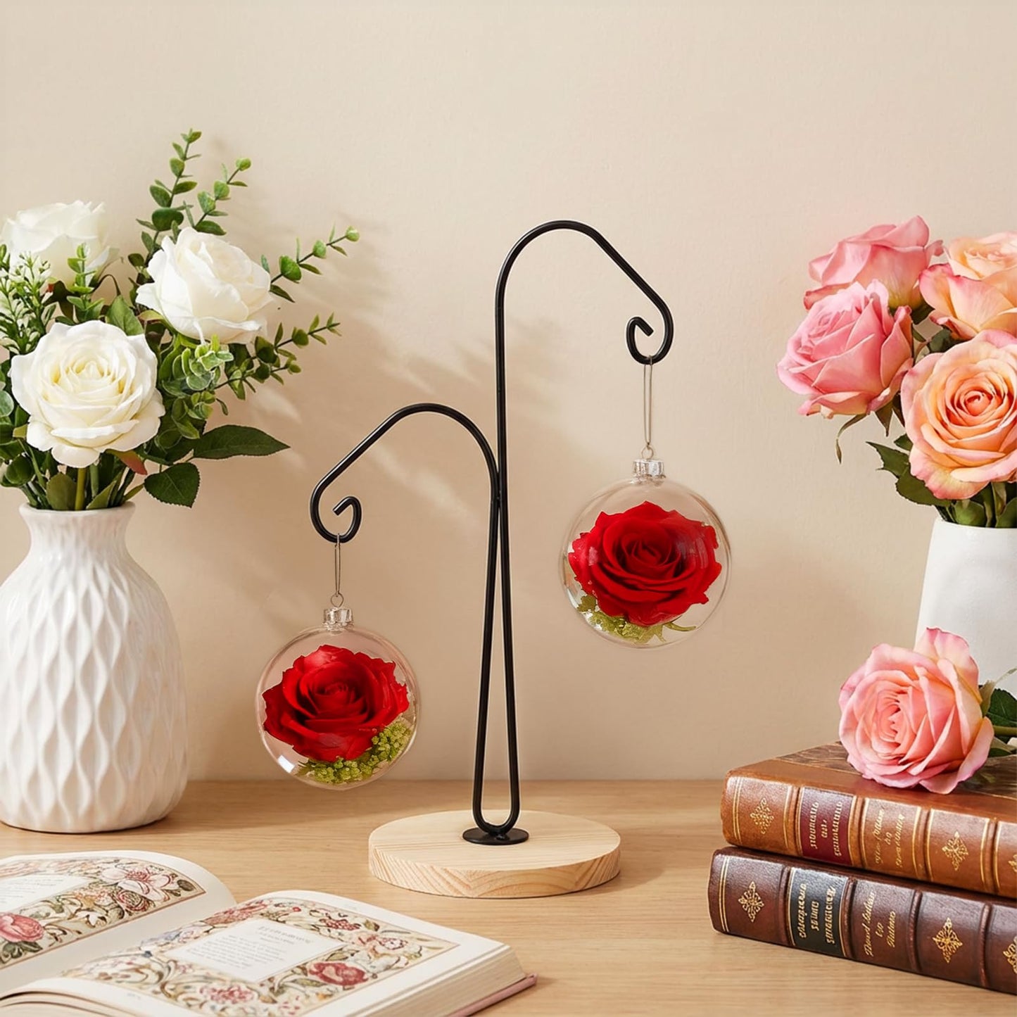 WRINGKIT 4 Pack Ornament Display Stand, Ornament Hanger Stand with 2 Arms, Metal Air Plant Flower Holder, Hanging Terrarium Stand for Christmas Halloween Decoration, Glass Crystal Ball