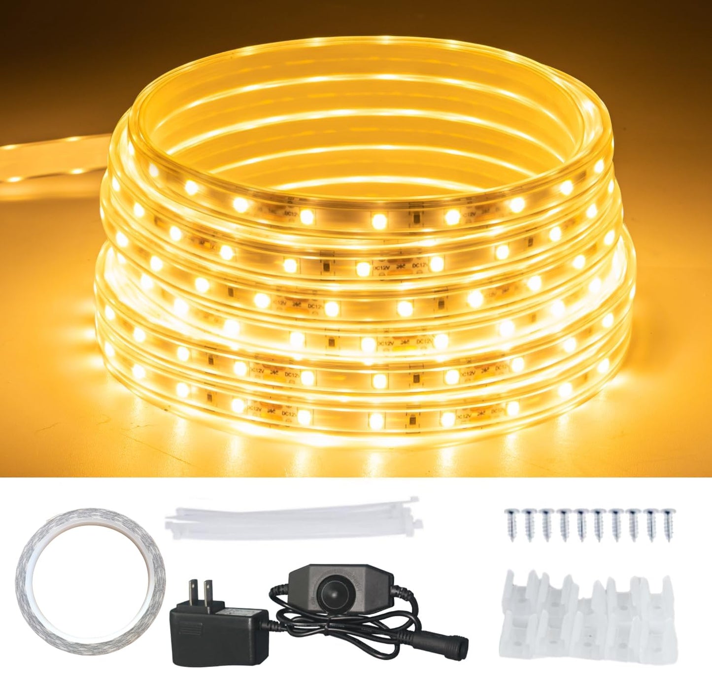 JUNWEN 20FT Warm White Rope Lights Outdoor, 12V IP65 Waterproof Led Rope Lights Indoor Cuttable, Flexible Led Strip Lights Cuttable Plug-in for Patio Deck Bedroom Kitchen Bedroom Christmas