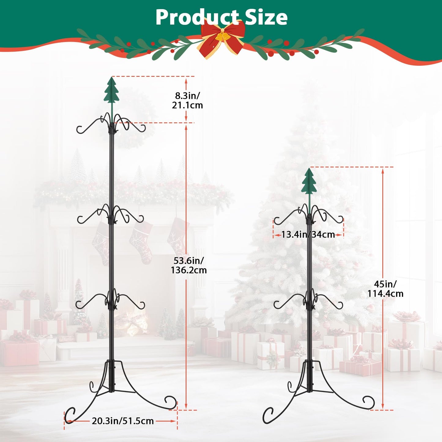 Bvomheez Christmas Stocking Holder Stand, Freestanding Max 62" Height Stand with 12 Hooks, Height Adjustable Metal Hanger with Green Iron Christmas Tree Top, for Christmas Holiday Decoration