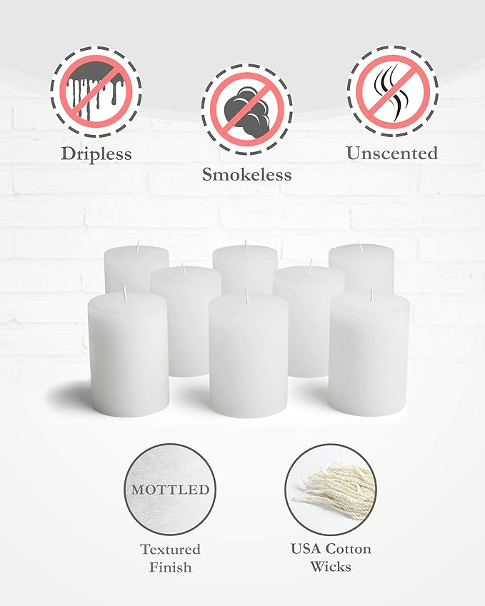 Mottled Pillar Candles by Bask - Set of 8-3" x 4" Dripless Unscented Candles in White for Home Decor, Relaxation & All Occasions