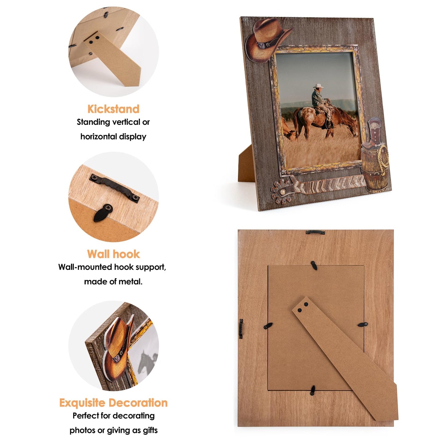 OKSQW 8 x 10 Rustic Wood Picture Frame with Cowboy Design, Solid Wooden Photo Frame with High Definition Glass, Cool Handicrafts Tabletop or Wall Mounting Great for Display for Farmhouse Home Decor